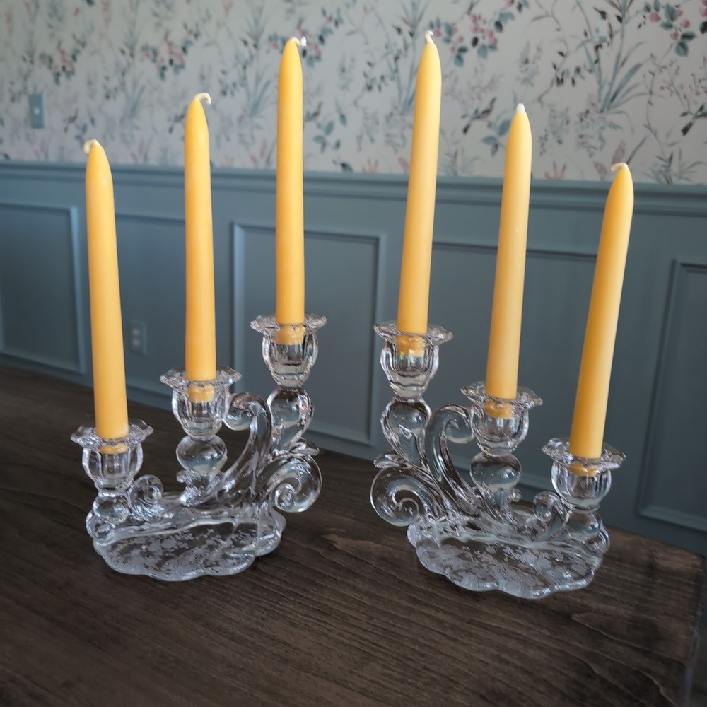 Vintage Cambridge Rose Point Glass Candelabra Pair 3 Tier Etched Candlesticks